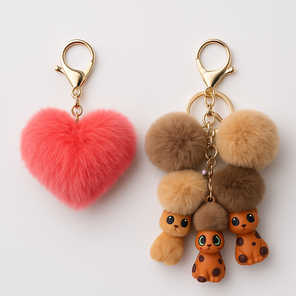 Fluffy Heart &amp; Teddy Bear Keychain Set