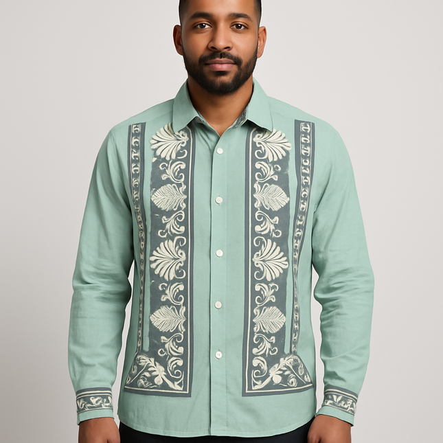 Men’s Light Green Patterned Shirt – Elegant Long Sleeve Button-Down
