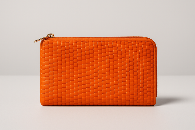 Textured Orange Clutch Wallet – Stylish Zipper Pouch for Women