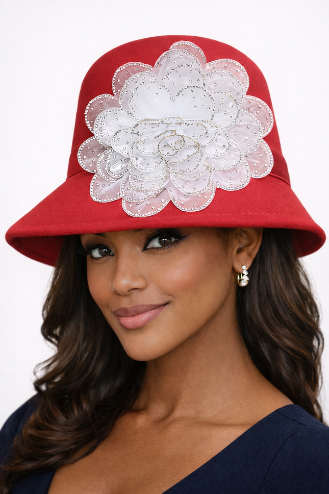 Elegant Red Church Hat for Women – Floral Rhinestone Fedora Hat