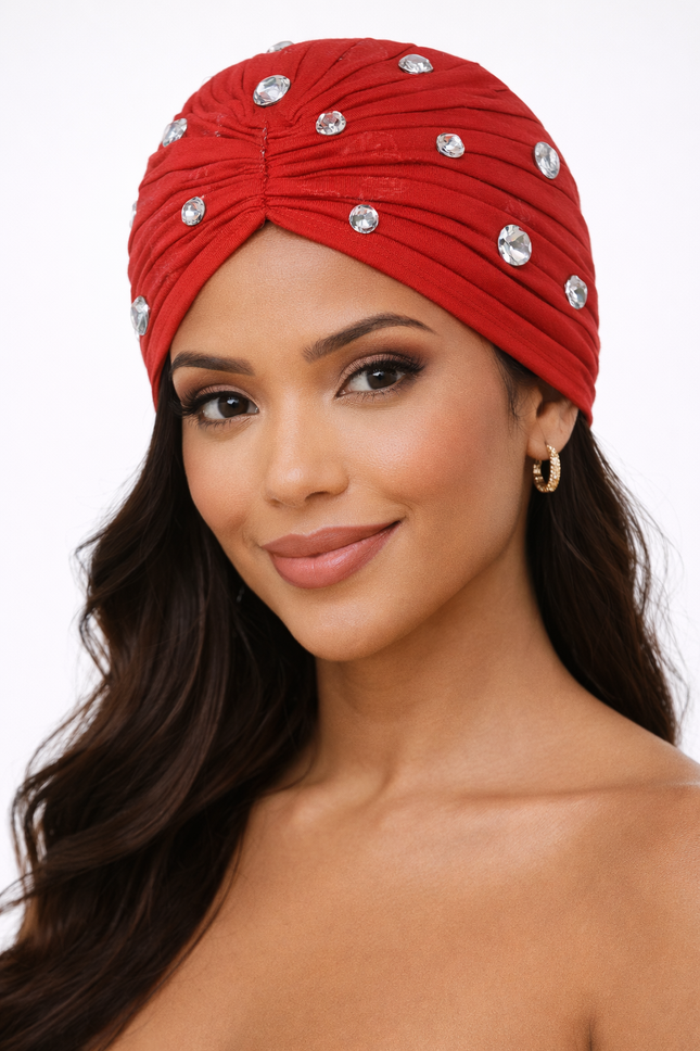 Red Rhinestone Fashion Turban – Elegant Women Headwrap | One Size