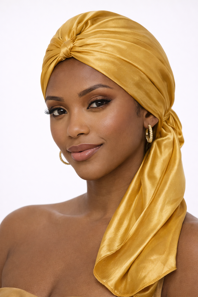 Luxury Satin Headwrap for Women – Elegant Gold Silk Scarf Hair Wrap