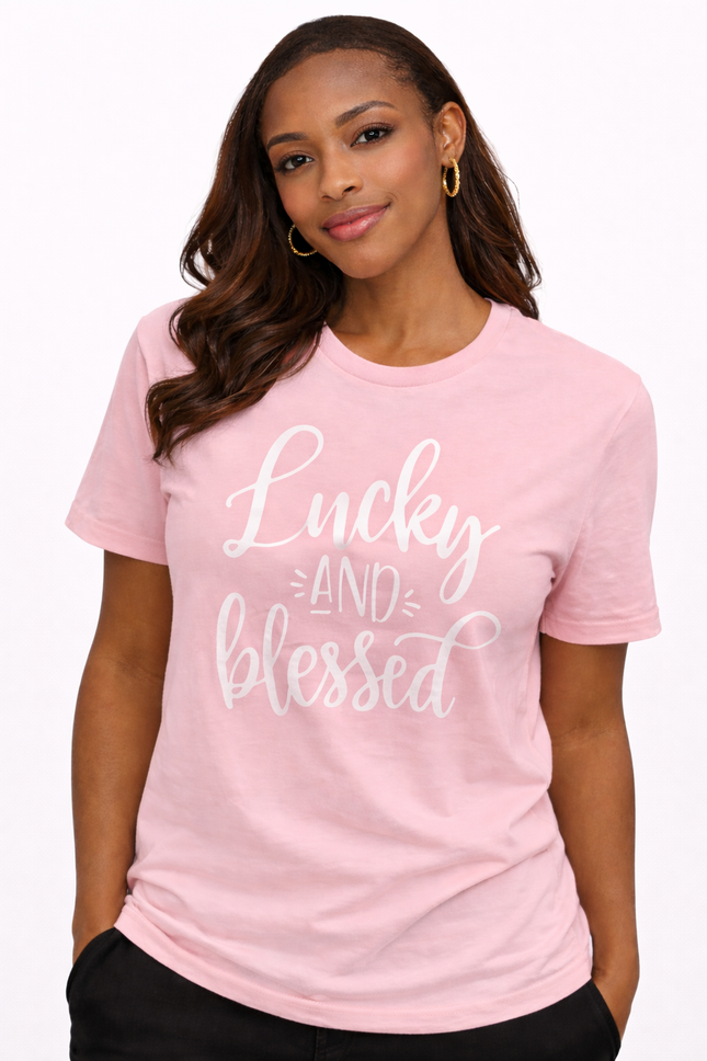Lucky and Blessed Women’s Graphic T-Shirt – Soft Pink Inspirational Tee