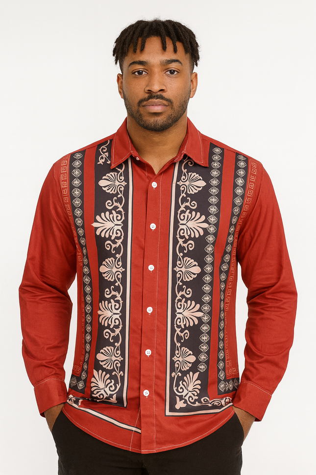 Men’s Light Green Patterned Shirt – Elegant Long Sleeve Button-Down