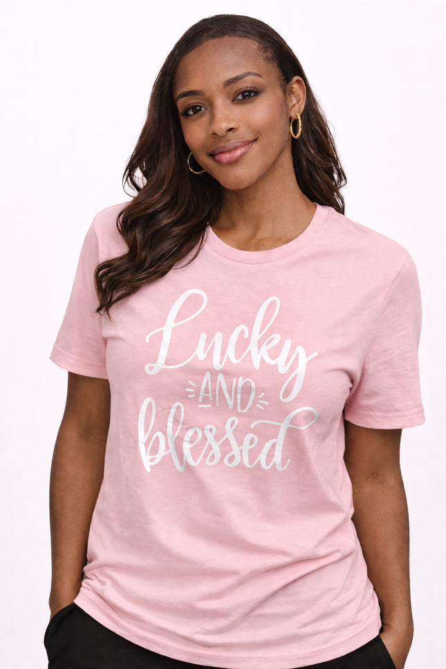 Lucky and Blessed Women’s Graphic T-Shirt – Soft Pink Inspirational Tee