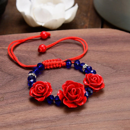 Fashion Women Rose Bracelet Ethnic Handicraft Lacquer Carved Cinnabar Rose Flower Bracelet For Women Red Rope Beaded Bracelet