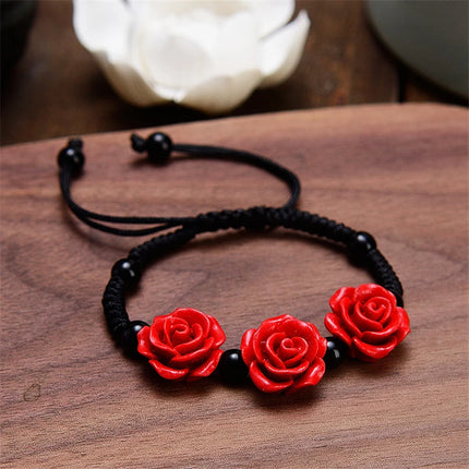 Fashion Women Rose Bracelet Ethnic Handicraft Lacquer Carved Cinnabar Rose Flower Bracelet For Women Red Rope Beaded Bracelet