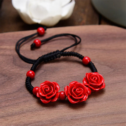 Fashion Women Rose Bracelet Ethnic Handicraft Lacquer Carved Cinnabar Rose Flower Bracelet For Women Red Rope Beaded Bracelet