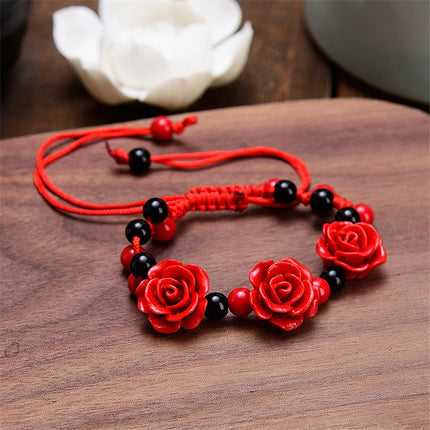 Fashion Women Rose Bracelet Ethnic Handicraft Lacquer Carved Cinnabar Rose Flower Bracelet For Women Red Rope Beaded Bracelet