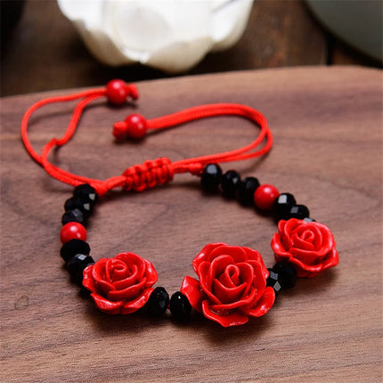 Fashion Women Rose Bracelet Ethnic Handicraft Lacquer Carved Cinnabar Rose Flower Bracelet For Women Red Rope Beaded Bracelet
