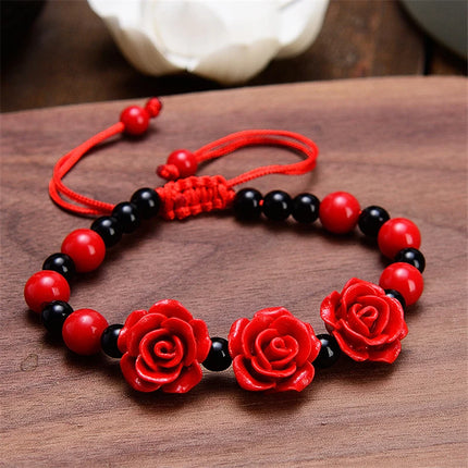 Fashion Women Rose Bracelet Ethnic Handicraft Lacquer Carved Cinnabar Rose Flower Bracelet For Women Red Rope Beaded Bracelet