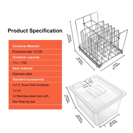 Stainless Steel Sous Vide Rack , 11L Sous Vide Cooker Containers Detachable Dividers Separator for Immersion Circulators