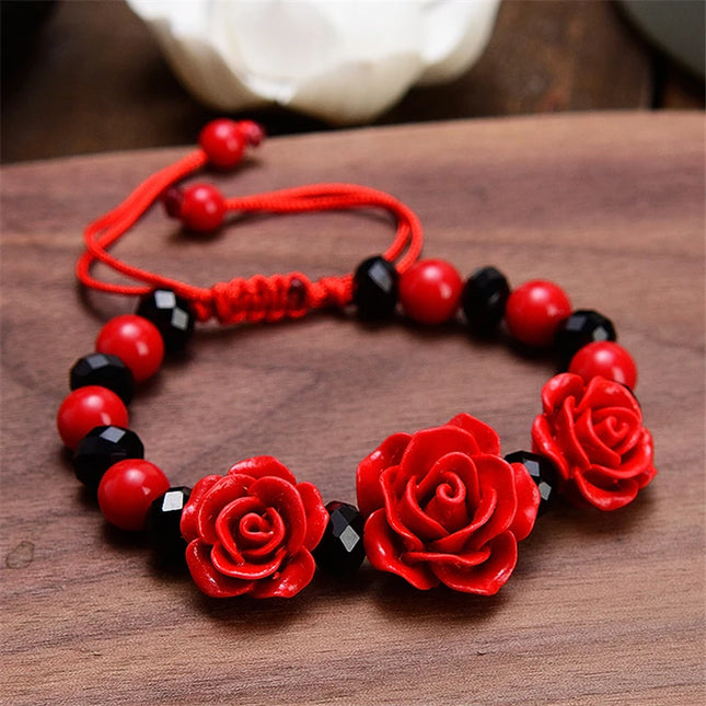 Fashion Women Rose Bracelet Ethnic Handicraft Lacquer Carved Cinnabar Rose Flower Bracelet For Women Red Rope Beaded Bracelet