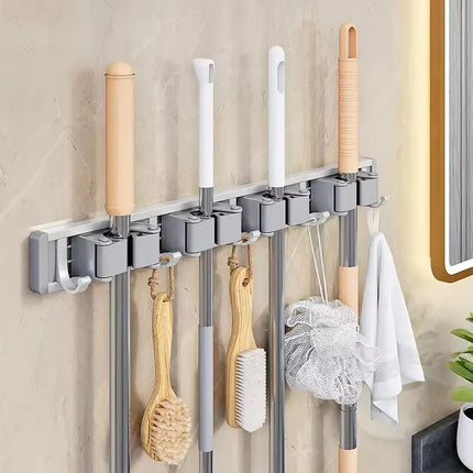 Wall Mounted Mop & Broom Organizer Rack with 5 Hooks Strong Mop Holder Self Adhesive for Kitchen Bathroom Cleaning Tools Storage