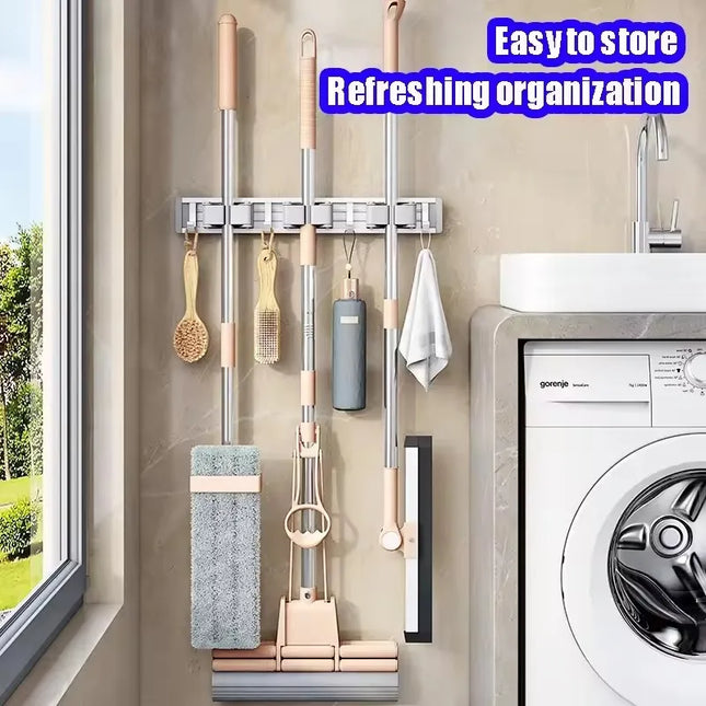 Wall Mounted Mop & Broom Organizer Rack with 5 Hooks Strong Mop Holder Self Adhesive for Kitchen Bathroom Cleaning Tools Storage