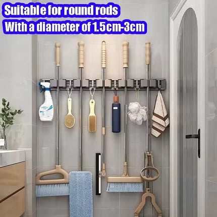 Wall Mounted Mop & Broom Organizer Rack with 5 Hooks Strong Mop Holder Self Adhesive for Kitchen Bathroom Cleaning Tools Storage
