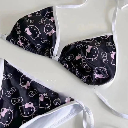 2Pcs HelloKitty Sanrio Bikini Set Cute Cartoon Y2K Summer Beach Soft Side Strappy Panties Sexy Bikini Kawaii Swimsuit Girl Gift