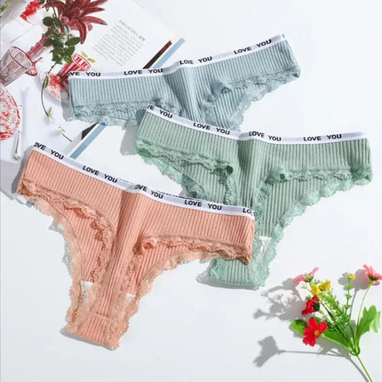 3Pcs/Lot Lace Thong Women's Tanga Low Waist Sexy Lingeries Cotton Panties Laides T Back Pants Girls Underwear Female Underpants