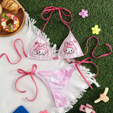 2Pcs HelloKitty Sanrio Bikini Set Cute Cartoon Y2K Summer Beach Soft Side Strappy Panties Sexy Bikini Kawaii Swimsuit Girl Gift