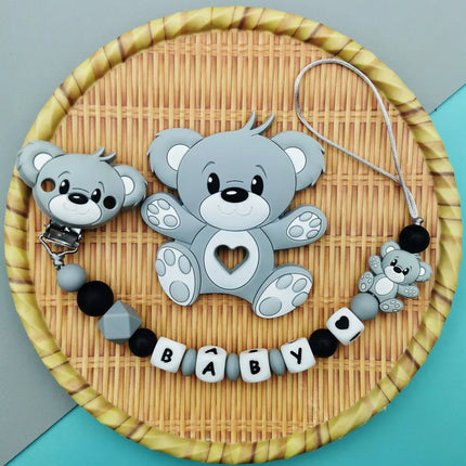 Custom English Russian Silicone Letter Name Baby Bear Silicone Beads Pendant Pacifier Clips Chains Teether Baby Kawaii Toy Gifts