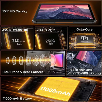 Oukitel RT9 4G Rugged Tablet 10.1" HD Display 24GB RAM 256GB Waterproof Tablet 11000mAh Battery Android 14.0 Tablet PC