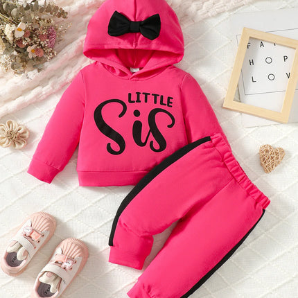 Autumn And Winter Fashion European Style Barbie Pink Girl Baby Suit Hooded Bow Letter Hoodie Color Pants Casual Two-Piece Set