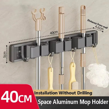 Wall Mounted Mop & Broom Organizer Rack with 5 Hooks Strong Mop Holder Self Adhesive for Kitchen Bathroom Cleaning Tools Storage