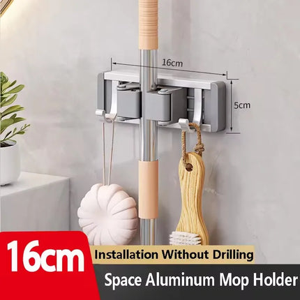 Wall Mounted Mop & Broom Organizer Rack with 5 Hooks Strong Mop Holder Self Adhesive for Kitchen Bathroom Cleaning Tools Storage