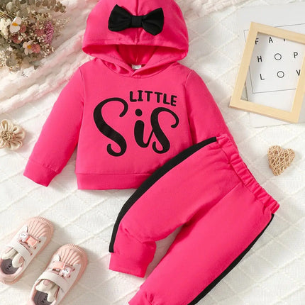 Autumn And Winter Fashion European Style Barbie Pink Girl Baby Suit Hooded Bow Letter Hoodie Color Pants Casual Two-Piece Set