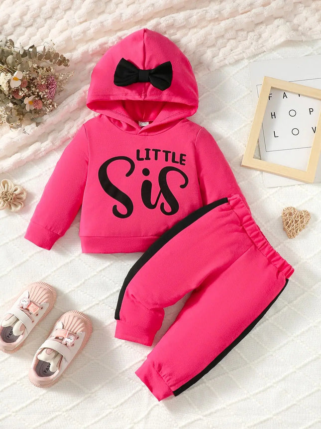 Autumn And Winter Fashion European Style Barbie Pink Girl Baby Suit Hooded Bow Letter Hoodie Color Pants Casual Two-Piece Set