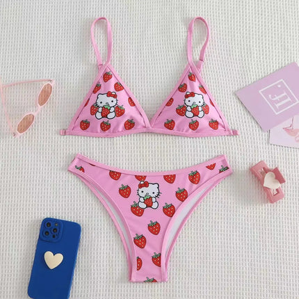 2Pcs HelloKitty Sanrio Bikini Set Cute Cartoon Y2K Summer Beach Soft Side Strappy Panties Sexy Bikini Kawaii Swimsuit Girl Gift