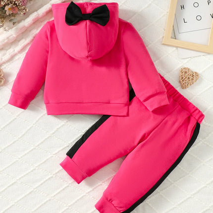 Autumn And Winter Fashion European Style Barbie Pink Girl Baby Suit Hooded Bow Letter Hoodie Color Pants Casual Two-Piece Set