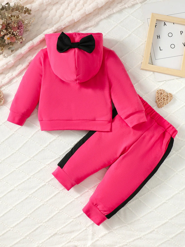 Autumn And Winter Fashion European Style Barbie Pink Girl Baby Suit Hooded Bow Letter Hoodie Color Pants Casual Two-Piece Set