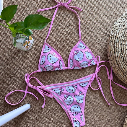 2Pcs HelloKitty Sanrio Bikini Set Cute Cartoon Y2K Summer Beach Soft Side Strappy Panties Sexy Bikini Kawaii Swimsuit Girl Gift