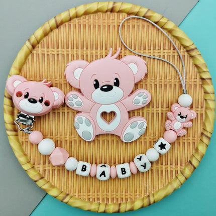 Custom English Russian Silicone Letter Name Baby Bear Silicone Beads Pendant Pacifier Clips Chains Teether Baby Kawaii Toy Gifts