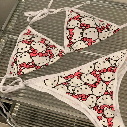 2Pcs HelloKitty Sanrio Bikini Set Cute Cartoon Y2K Summer Beach Soft Side Strappy Panties Sexy Bikini Kawaii Swimsuit Girl Gift