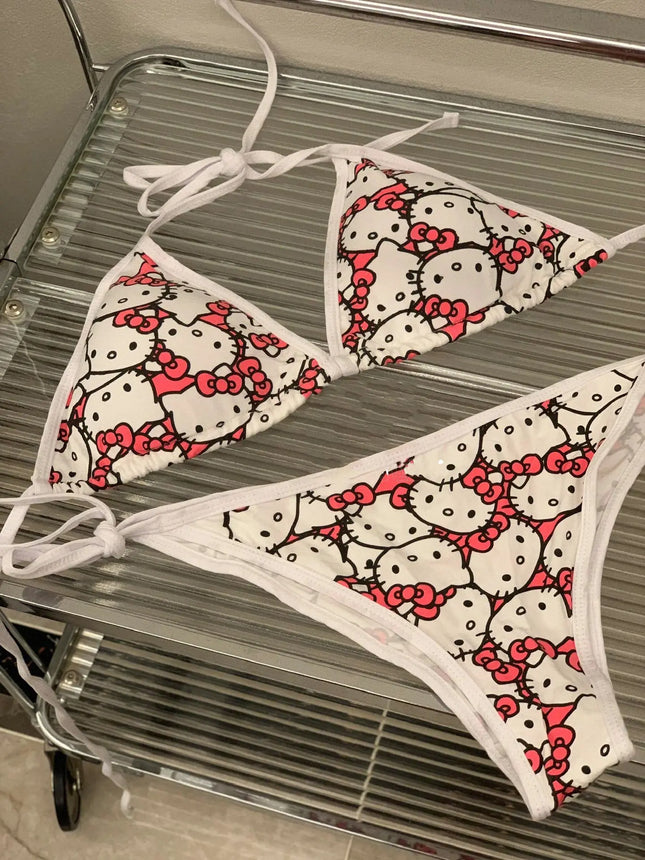 2Pcs HelloKitty Sanrio Bikini Set Cute Cartoon Y2K Summer Beach Soft Side Strappy Panties Sexy Bikini Kawaii Swimsuit Girl Gift
