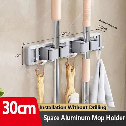 Wall Mounted Mop & Broom Organizer Rack with 5 Hooks Strong Mop Holder Self Adhesive for Kitchen Bathroom Cleaning Tools Storage