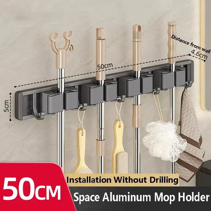 Wall Mounted Mop & Broom Organizer Rack with 5 Hooks Strong Mop Holder Self Adhesive for Kitchen Bathroom Cleaning Tools Storage