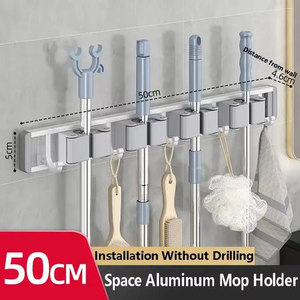 Wall Mounted Mop & Broom Organizer Rack with 5 Hooks Strong Mop Holder Self Adhesive for Kitchen Bathroom Cleaning Tools Storage