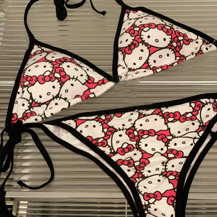 2Pcs HelloKitty Sanrio Bikini Set Cute Cartoon Y2K Summer Beach Soft Side Strappy Panties Sexy Bikini Kawaii Swimsuit Girl Gift